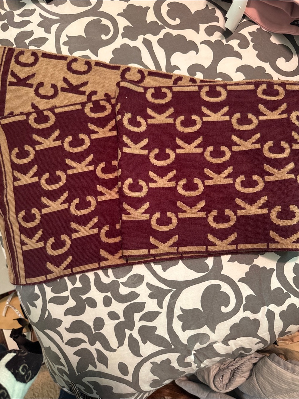 Kenneth Cole Reversible KC Logo Scarf in Burgundy and Camel